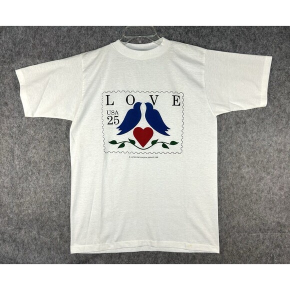 Vintage Love Postal Stamp Art T Shirt White Single Stitch Graphic Logo Sz L 1988 - Picture 1 of 9